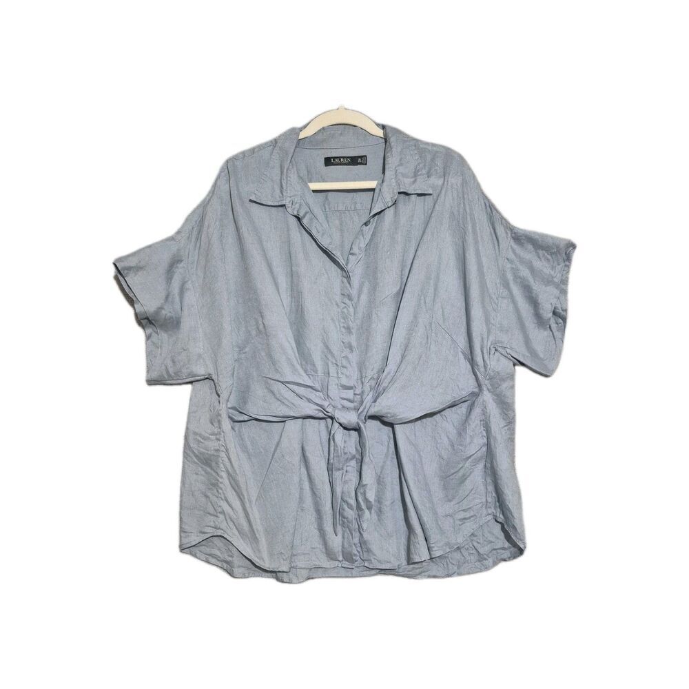 Lauren Ralph Lauren Woman's Blue Linen Tie Front Button Up Shirt 3X